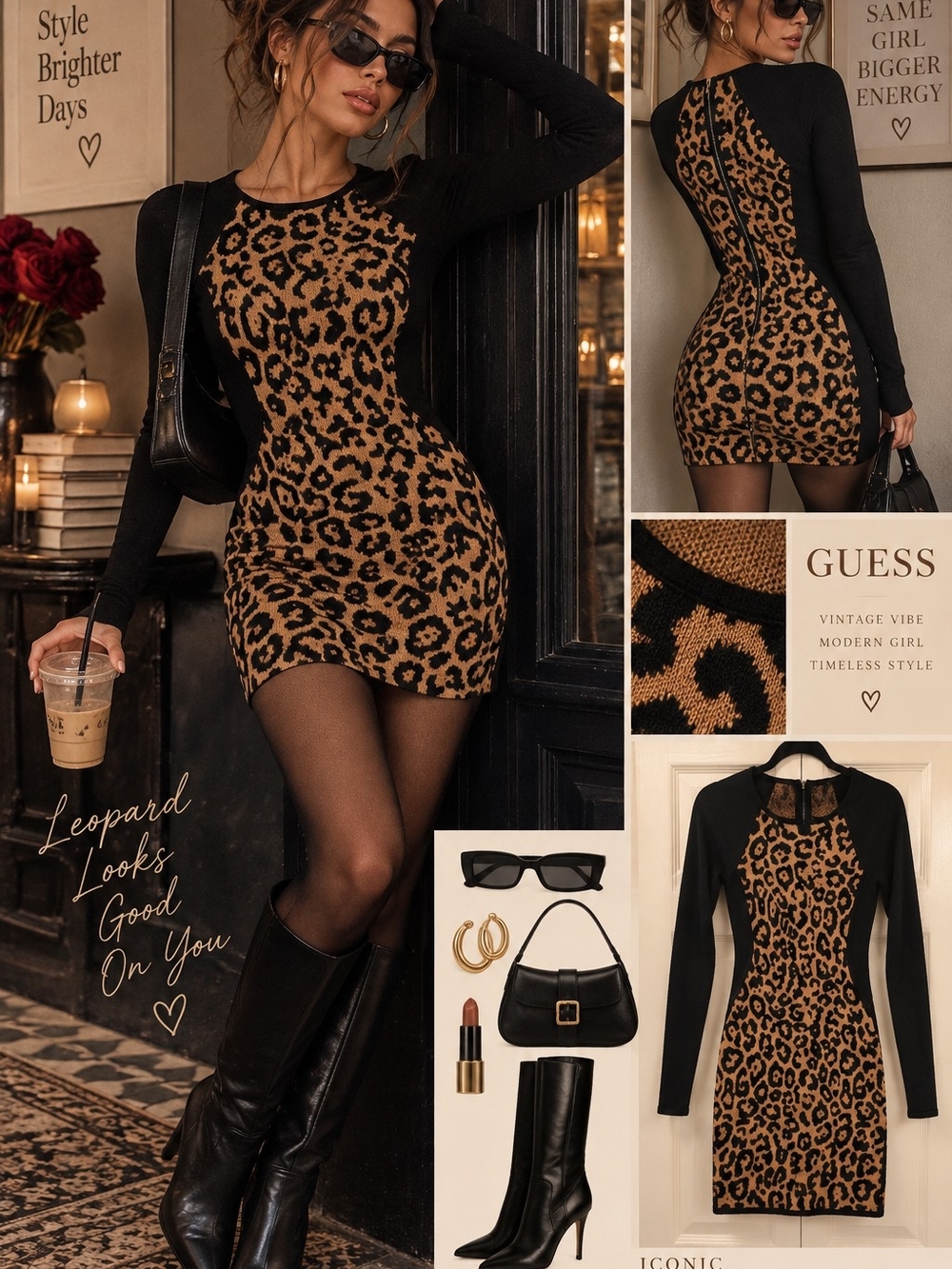 Guess Leopard-Print Mini Dress with Black Sleeves